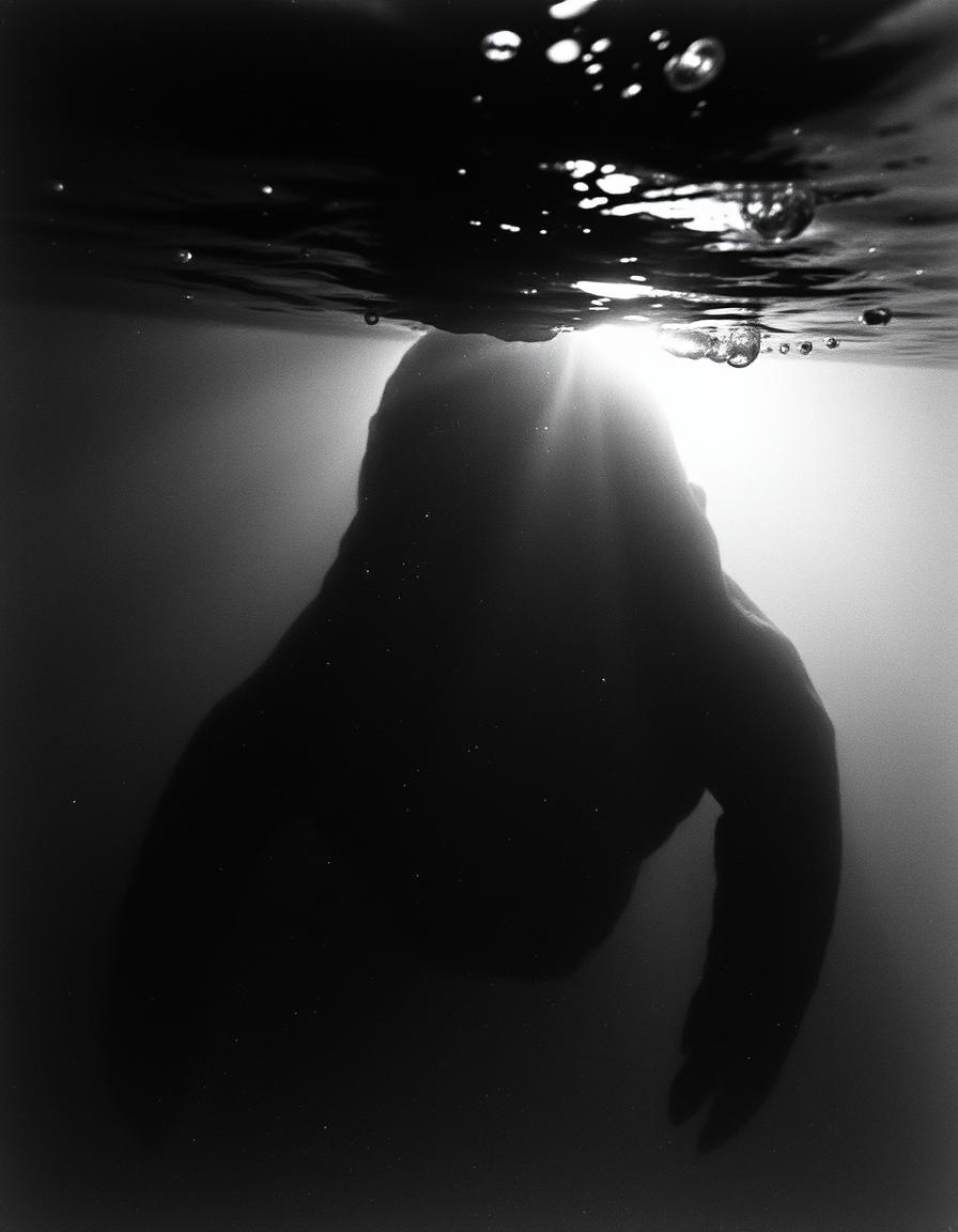 A grainy black and white photo featuring a sea monster lurking beneath the ocean's surface