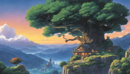 A high-quality Studio Ghibli poster featuring an ancient tree with a glowing treehouse, an idyllic village in the background, and a breathtaking twilight sky