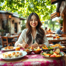 A beautiful Asian woman enjoying a delightful lunch at a cozy outdoor cafe