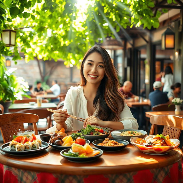 A beautiful Asian woman enjoying a delightful lunch at a cozy outdoor cafe