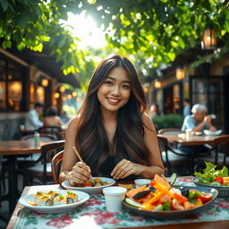 A beautiful Asian woman enjoying a delightful lunch at a cozy outdoor cafe