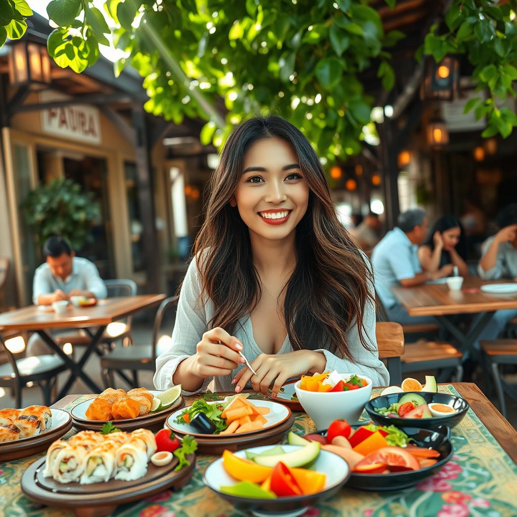 A beautiful Asian woman enjoying a delightful lunch at a cozy outdoor cafe