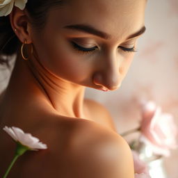A close-up artistic representation featuring a beautifully shaved woman in a serene and elegant setting, exuding confidence and femininity