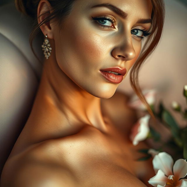 A close-up artistic representation featuring a beautifully shaved woman in a serene and elegant setting, exuding confidence and femininity