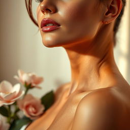 A close-up artistic representation featuring a beautifully shaved woman in a serene and elegant setting, exuding confidence and femininity