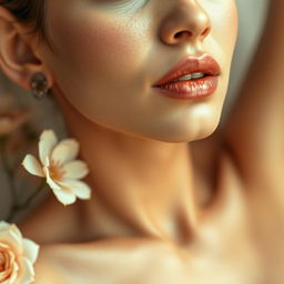 A close-up artistic representation featuring a beautifully shaved woman in a serene and elegant setting, exuding confidence and femininity