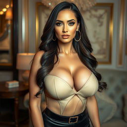 A stunning and glamorous woman with massive breasts, wearing a stylish and form-fitting outfit that accentuates her curves