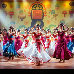 A vibrant and dynamic representation of a dance performance that embodies the essence of traditional dance heritage