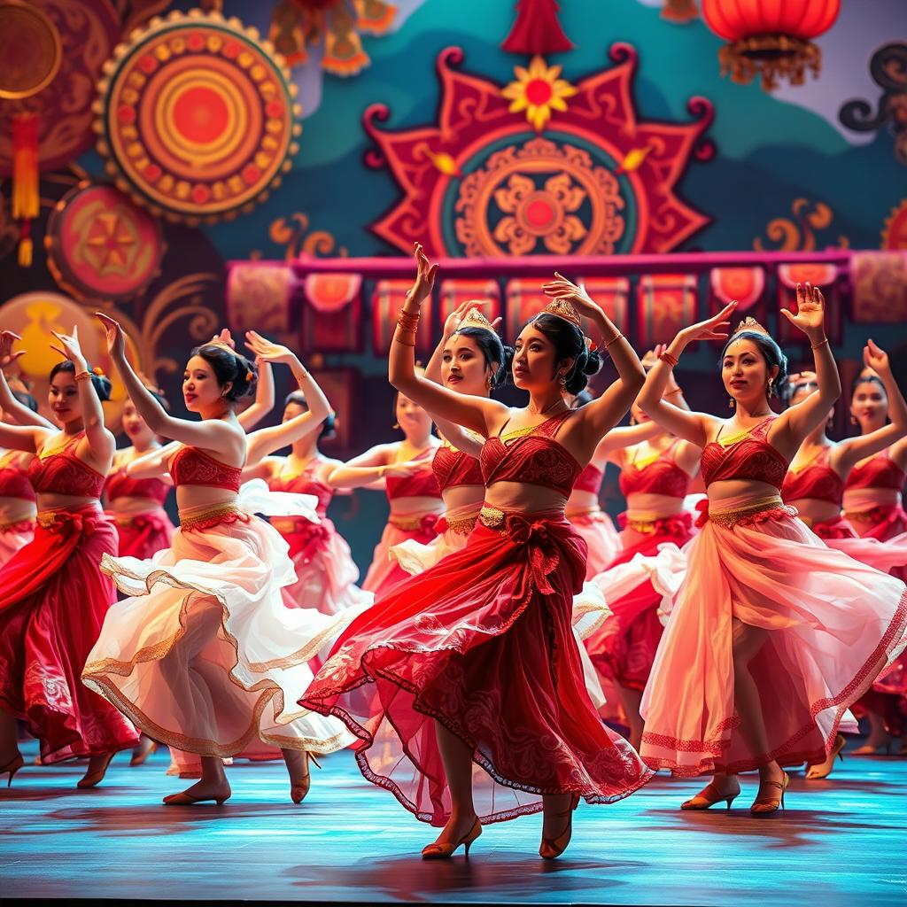 A vibrant and dynamic representation of a dance performance that embodies the essence of traditional dance heritage