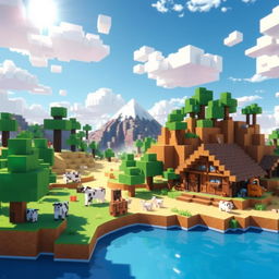 A vibrant and blocky landscape inspired by the Minecraft universe, featuring a colorful sky with pixelated clouds and a variety of biomes including a lush green forest, a sandy desert, and a snowy mountain