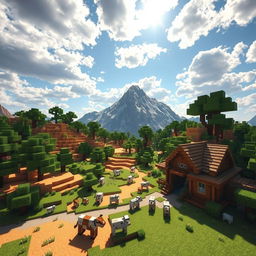 A vibrant and blocky landscape inspired by the Minecraft universe, featuring a colorful sky with pixelated clouds and a variety of biomes including a lush green forest, a sandy desert, and a snowy mountain