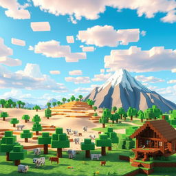 A vibrant and blocky landscape inspired by the Minecraft universe, featuring a colorful sky with pixelated clouds and a variety of biomes including a lush green forest, a sandy desert, and a snowy mountain