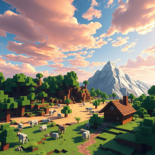 A vibrant and blocky landscape inspired by the Minecraft universe, featuring a colorful sky with pixelated clouds and a variety of biomes including a lush green forest, a sandy desert, and a snowy mountain