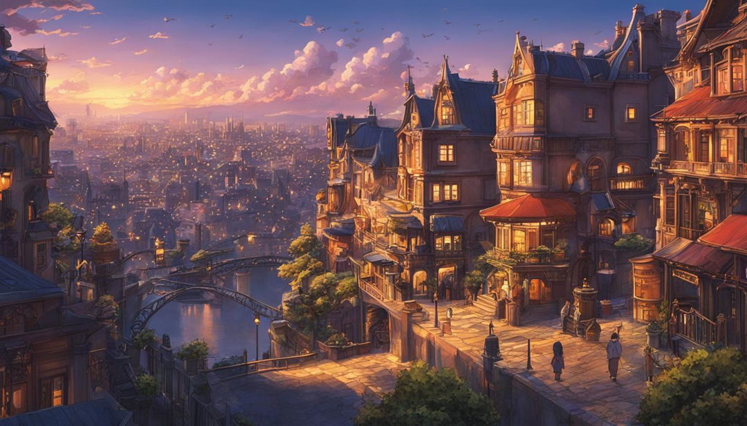 Studio Ghibli style poster featuring a detailed cityscape at dusk with excellent use of lighting.