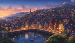 Studio Ghibli style poster featuring a detailed cityscape at dusk with excellent use of lighting.