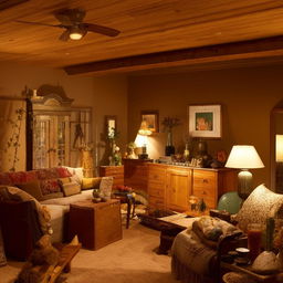 A room filled with various pieces of furniture and decor, featuring a cozy atmosphere with warm lighting