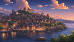 Studio Ghibli style poster featuring a detailed cityscape at dusk with excellent use of lighting.