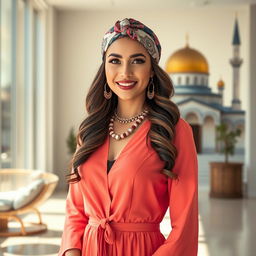 A Frum Jewish woman with a stylish modest dress, showcasing her beauty through vibrant colors and elegant accessories
