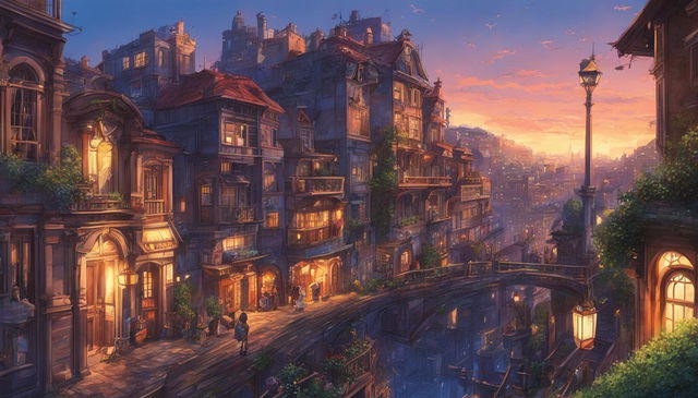 Studio Ghibli style poster featuring a detailed cityscape at dusk with excellent use of lighting.