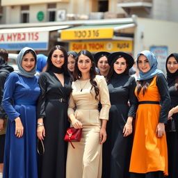 A group of Hassidic women exuding confidence and charm, dressed in elegant, modest attire that blends tradition with modern fashion