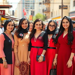 A group of Hassidic women exuding confidence and charm, dressed in elegant, modest attire that blends tradition with modern fashion