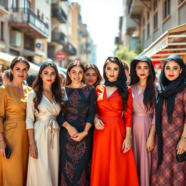 A group of Hassidic women exuding confidence and charm, dressed in elegant, modest attire that blends tradition with modern fashion