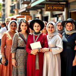 A group of Hassidic women exuding confidence and charm, dressed in elegant, modest attire that blends tradition with modern fashion