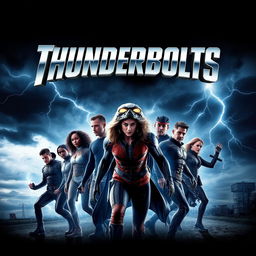 An exciting movie poster design for the film 'Thunderbolts', featuring an ensemble cast of antiheroes in a dynamic action pose