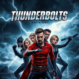 An exciting movie poster design for the film 'Thunderbolts', featuring an ensemble cast of antiheroes in a dynamic action pose