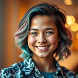 A stylish and modern profile picture of a young adult with bright, inviting features