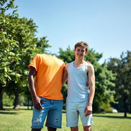 A tall, dark-skinned, thin man standing next to a white, thin, tall young man