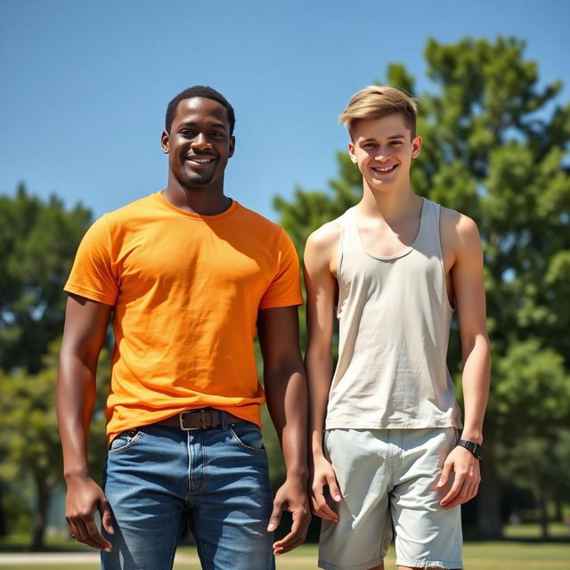 A tall, dark-skinned, thin man standing next to a white, thin, tall young man