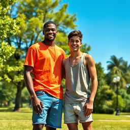 A tall, dark-skinned, thin man standing next to a white, thin, tall young man