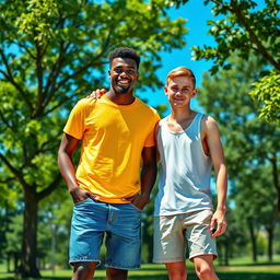 A tall, dark-skinned, thin man standing next to a white, thin, tall young man