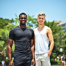 A tall, dark-skinned, thin man standing next to a white, thin, tall young man