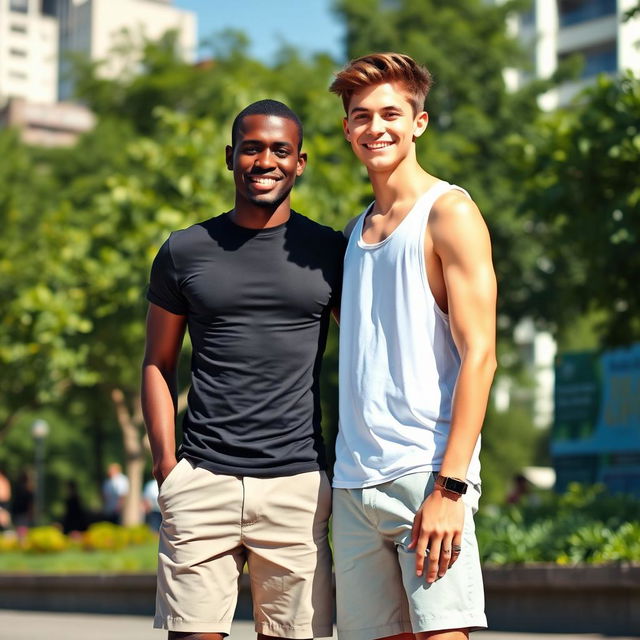 A tall, dark-skinned, thin man standing next to a white, thin, tall young man