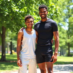 A tall, dark-skinned, thin man standing next to a white, thin, tall young man, both appearing friendly and relaxed