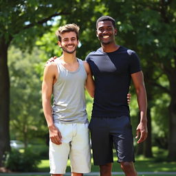 A tall, dark-skinned, thin man standing next to a white, thin, tall young man, both appearing friendly and relaxed