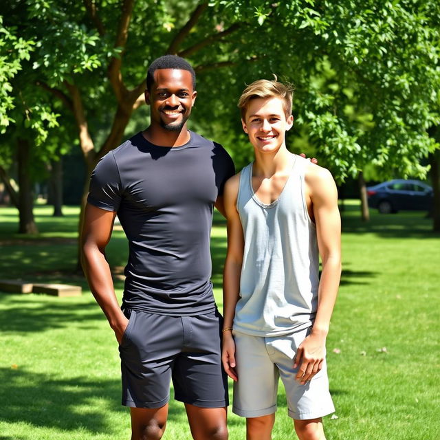 A tall, dark-skinned, thin man standing next to a white, thin, tall young man, both appearing friendly and relaxed