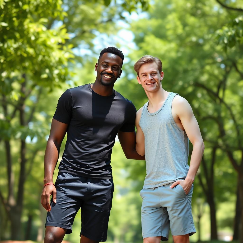 A tall, dark-skinned, thin man standing next to a white, thin, tall young man, both appearing friendly and relaxed