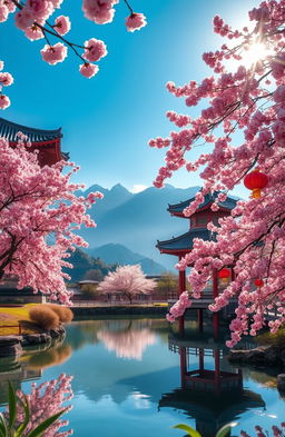 A serene landscape depicting traditional Chinese architecture, featuring a beautiful pagoda surrounded by lush cherry blossom trees in full bloom