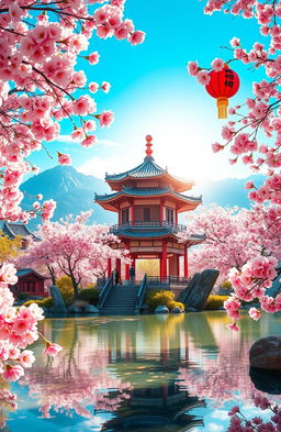 A serene landscape depicting traditional Chinese architecture, featuring a beautiful pagoda surrounded by lush cherry blossom trees in full bloom