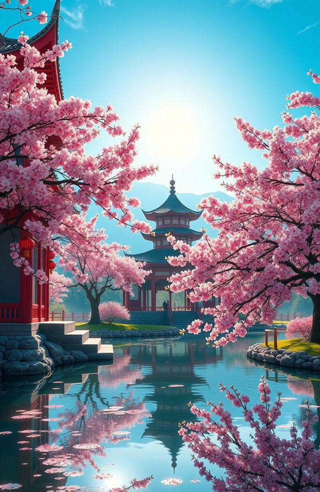 A serene landscape depicting traditional Chinese architecture, featuring a beautiful pagoda surrounded by lush cherry blossom trees in full bloom