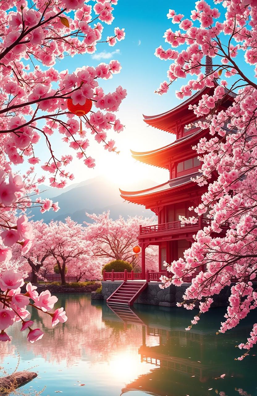 A serene landscape depicting traditional Chinese architecture, featuring a beautiful pagoda surrounded by lush cherry blossom trees in full bloom