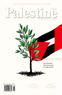 A magazine cover design featuring Palestinian symbols such as the olive tree, traditional Palestinian embroidery patterns, and the red, black, white, and green colors of the Palestinian flag