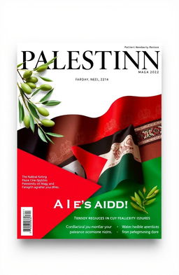 A magazine cover design featuring Palestinian symbols such as the olive tree, traditional Palestinian embroidery patterns, and the red, black, white, and green colors of the Palestinian flag
