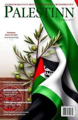 A magazine cover design featuring Palestinian symbols such as the olive tree, traditional Palestinian embroidery patterns, and the red, black, white, and green colors of the Palestinian flag
