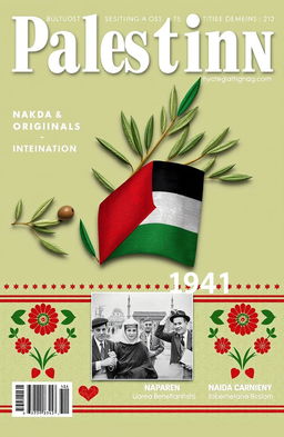 A magazine cover design featuring Palestinian symbols such as the olive tree, traditional Palestinian embroidery patterns, and the red, black, white, and green colors of the Palestinian flag