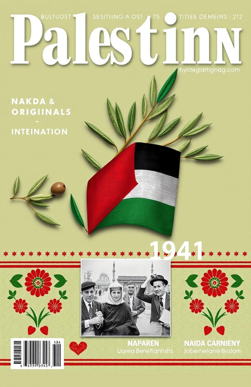 A magazine cover design featuring Palestinian symbols such as the olive tree, traditional Palestinian embroidery patterns, and the red, black, white, and green colors of the Palestinian flag