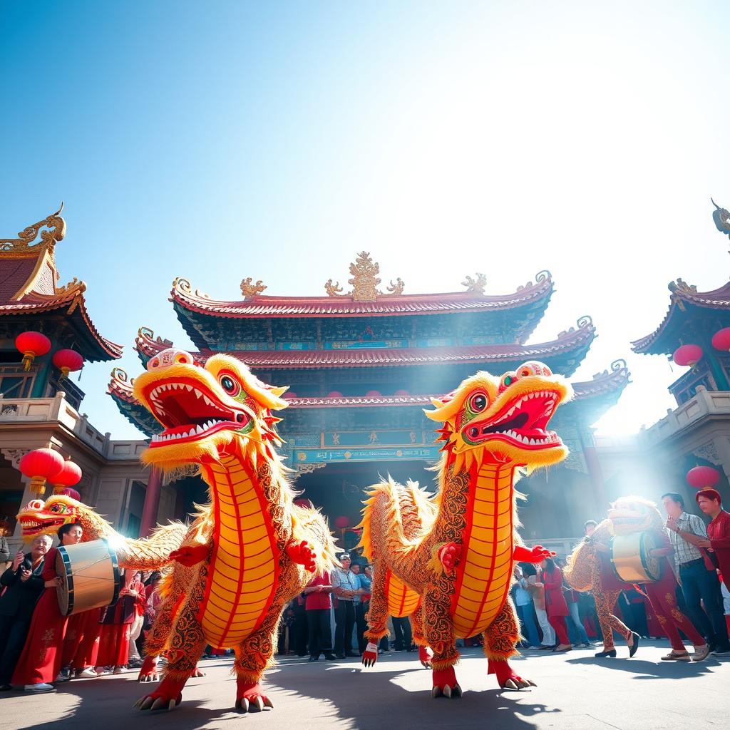 A beautiful scene featuring a traditional Chinese dragon dance performance in front of a grand, ornate temple